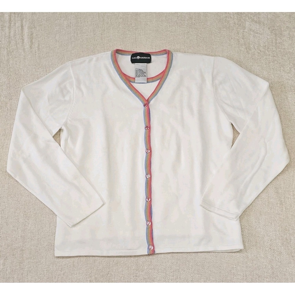 VTG SAG Harbor White Layered Look Cardigan with Rainbow Pipping Measures Medium